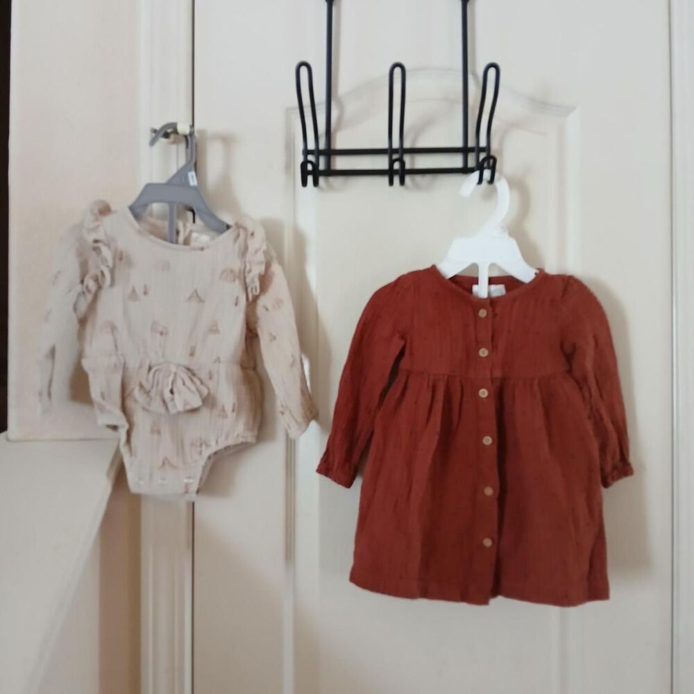 Lot of 2 100% Cotton Gauze Baby Girl Outfits Organic Dress & Camping Body Suit